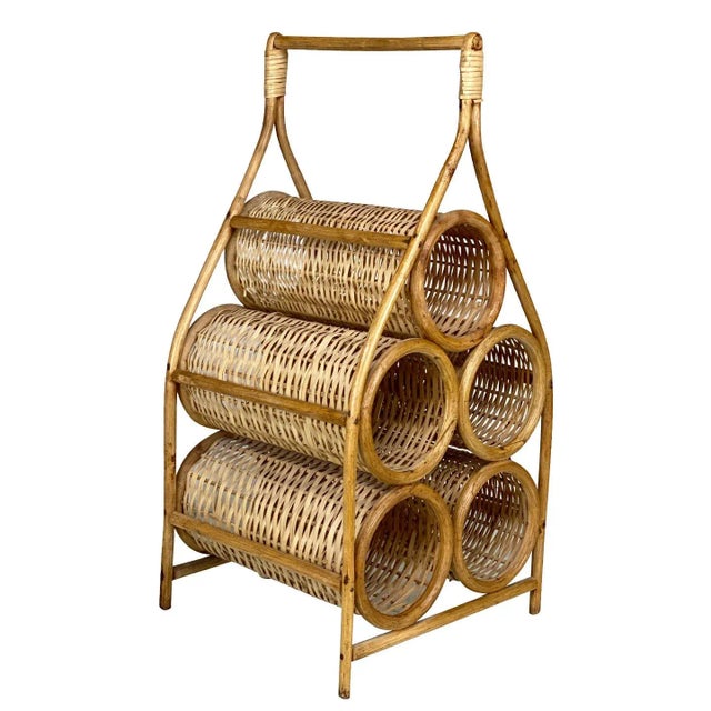 Vintage Boho Coastal Rattan Wicker Sculptural Wine Bottle Rack Holder For Sale - Image 13 of 13