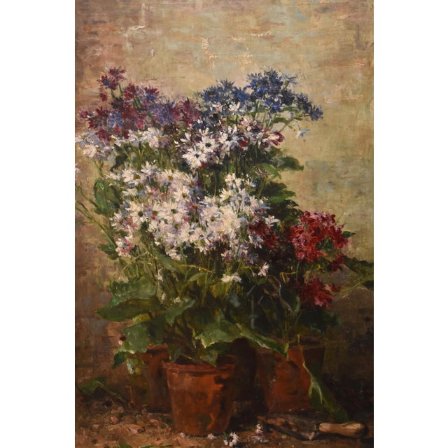 Hubert Bellis, Still Life with Vase of Cornflowers and Daisies, 19th Century, Oil on Canvas For Sale - Image 3 of 11