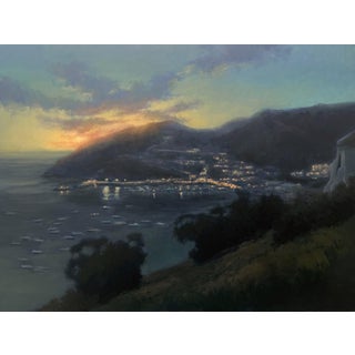 Avalon Sunrise by Jane Hunt | Oil on Panel Landscape of a coastal sunrise over a harbor. For Sale