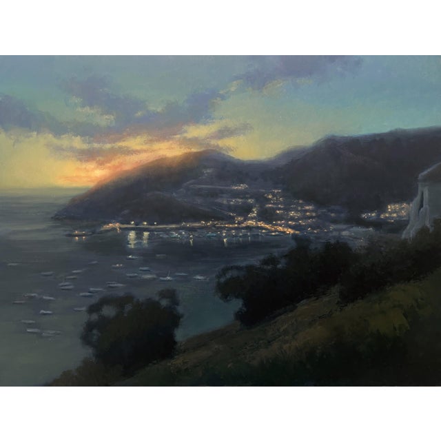 Avalon Sunrise by Jane Hunt | Oil on Panel Landscape of a coastal sunrise over a harbor. For Sale