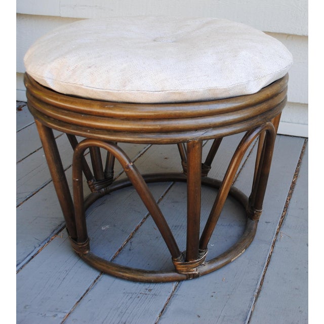 Mid-Century Modern Vintage Bamboo Rattan Round Stool Ottoman With Cushion For Sale - Image 3 of 6