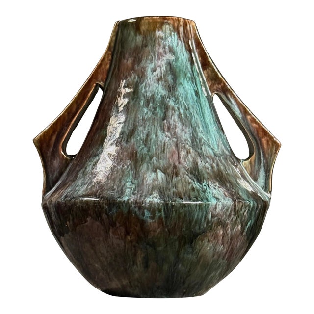 Antique 1925 School of Fulper Art Deco Two Handled Glazed Ceramic Vase by Charles Kleve, Signed For Sale