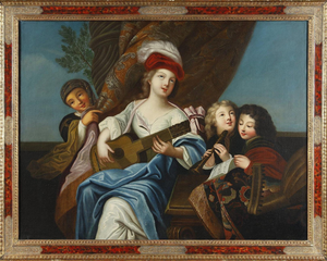 After J-F Courtin, The Zither Player, 1850, Oil on Canvas, Framed