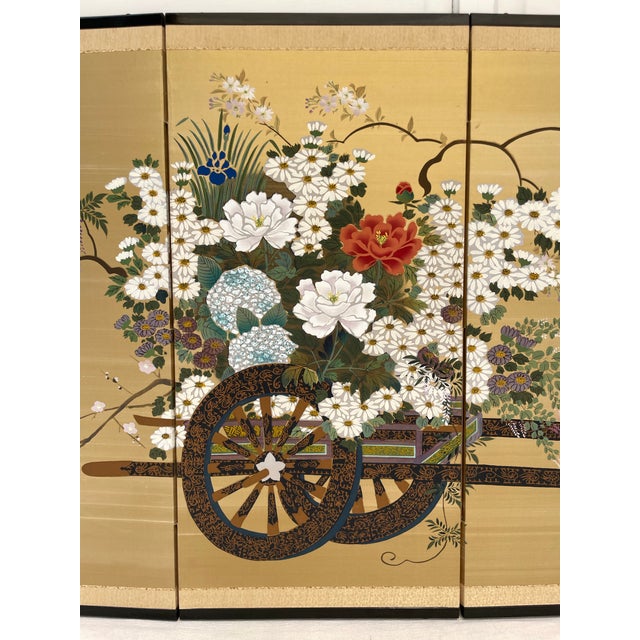 Mid 20th Century Japanese Showa Byobu Folding Screen of Hanaguruma Flower Cart on Silk For Sale - Image 5 of 12
