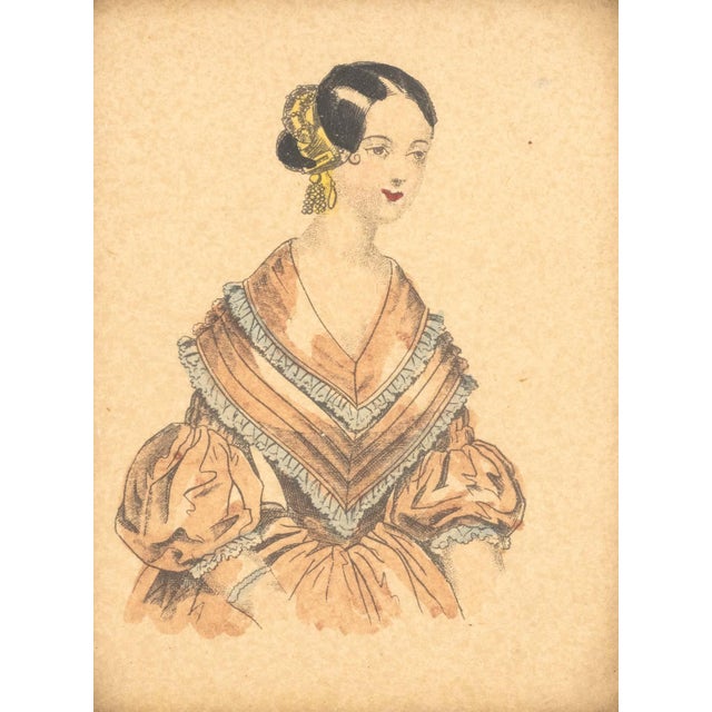 Victorian Miniature Fashion Lithograph Portraits, 19th C., 2 For Sale - Image 3 of 6