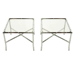 Chromed Steel Faux Bamboo X-Stretcher End Tables - a Pair