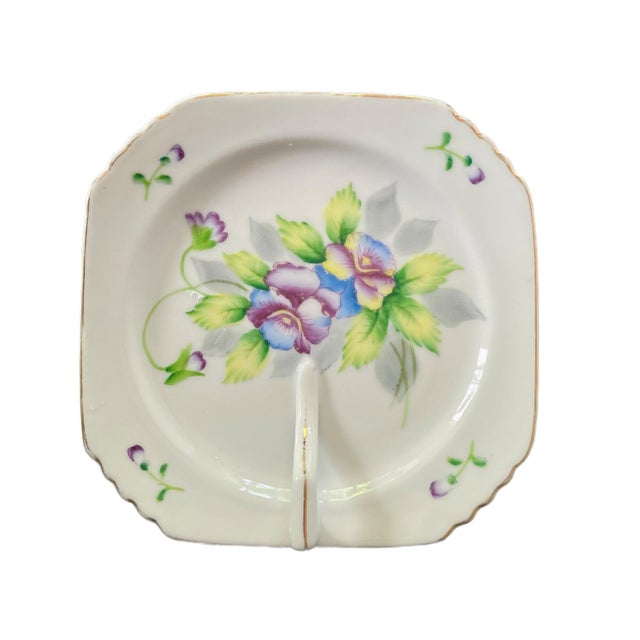 Vintage Lemon Dish – Hand-Painted Finger Plate Occupied Japan – Blue & Purple Floral Nappy With Gold Trim For Sale - Image 4 of 8