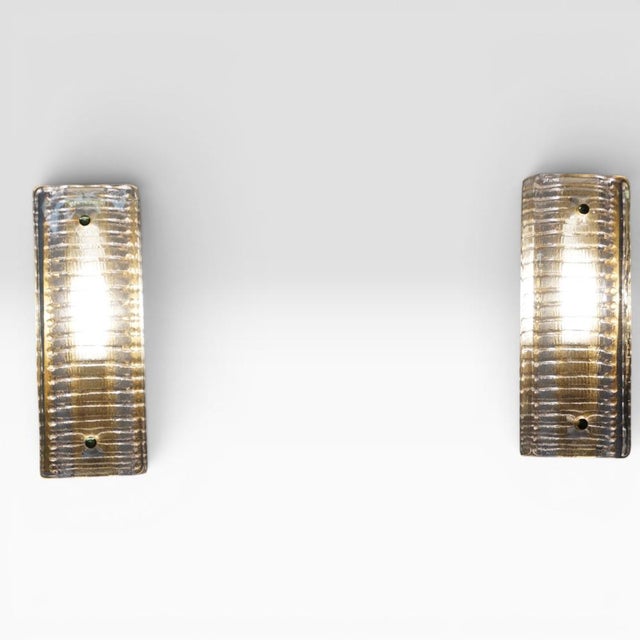 Textured Ice Glass and Brass Wall Sconces, 1970s, Set of 2 For Sale - Image 6 of 7