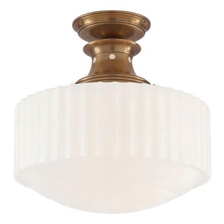 Thomas O'Brien for Visual Comfort Signature Milton Road Flush Mount in Hand-Rubbed Antique Brass With Ribbed White Glass For Sale