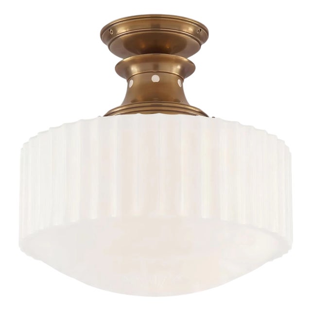 Thomas O'Brien for Visual Comfort Signature Milton Road Flush Mount in Hand-Rubbed Antique Brass With Ribbed White Glass For Sale