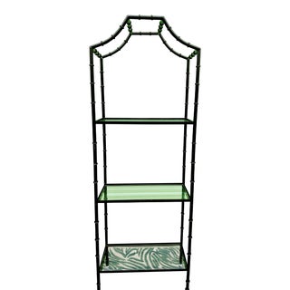 Vintage Faux Bamboo Metal Tall Pagoda Gloss Black 3 Glass Shelf Etagere Display Cabinet For Sale