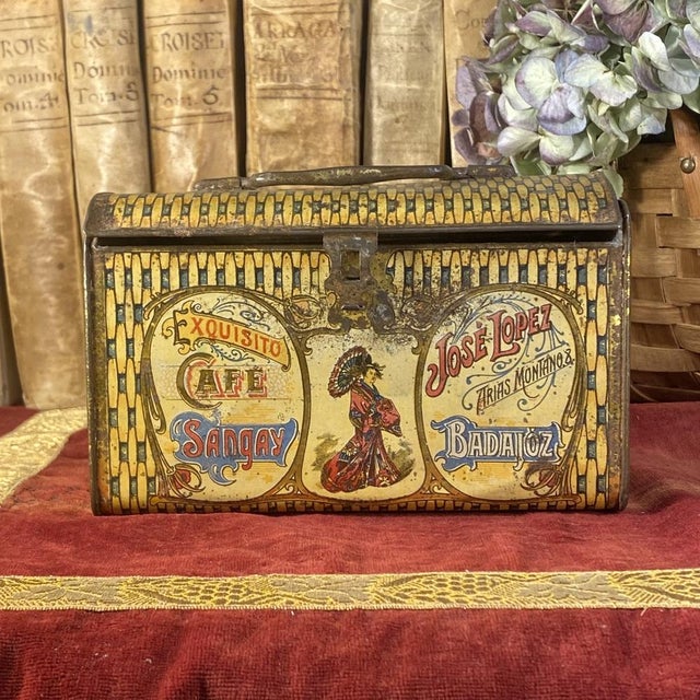 Antique Art Nouveau Tin Box with Sangay Coffee Advertising For Sale - Image 11 of 11