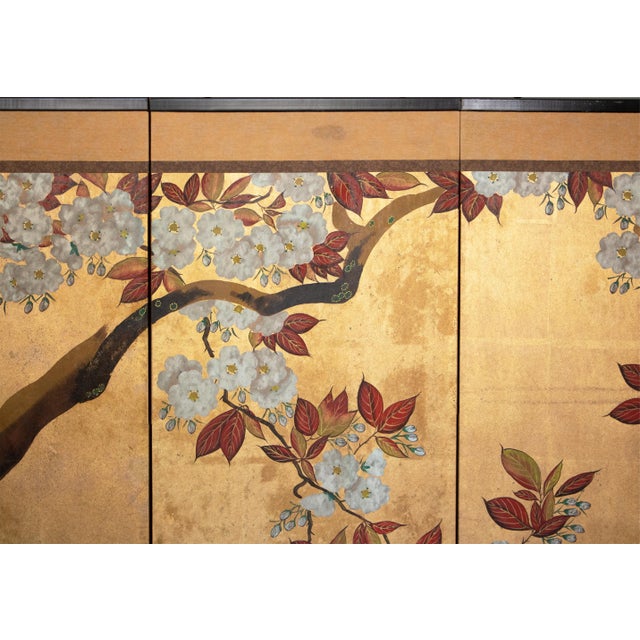 1970s C. 1970s Chinese Six-Panel Gold Leaf Style Painted Screen "Blossoming Plum Tree" For Sale - Image 5 of 18