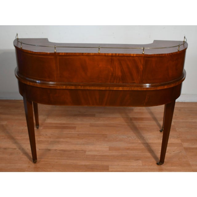 Brown 1930s English Regency Mahogany Inlaid & Leather Top Carlton Writing Desk For Sale - Image 8 of 17