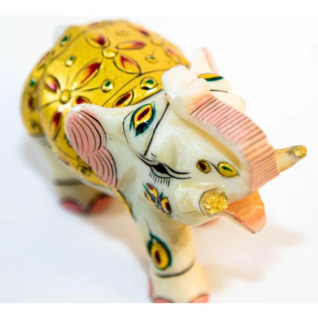 Vintage White Marble Mughal Jeweled Elephant Sculpture Paper Weight For Sale In Palm Springs - Image 6 of 12