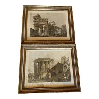 Vintage Pair of Vintage Architectural Prints Roman Views Hand Colored Framed For Sale