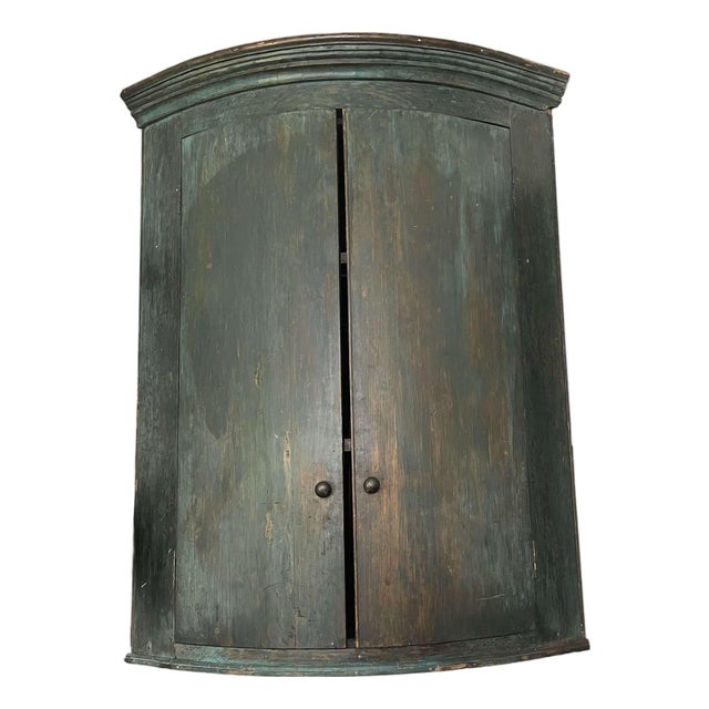 English Hanging Corner Cupboard, Original Blue/Green Paint, Circa 1820 For Sale