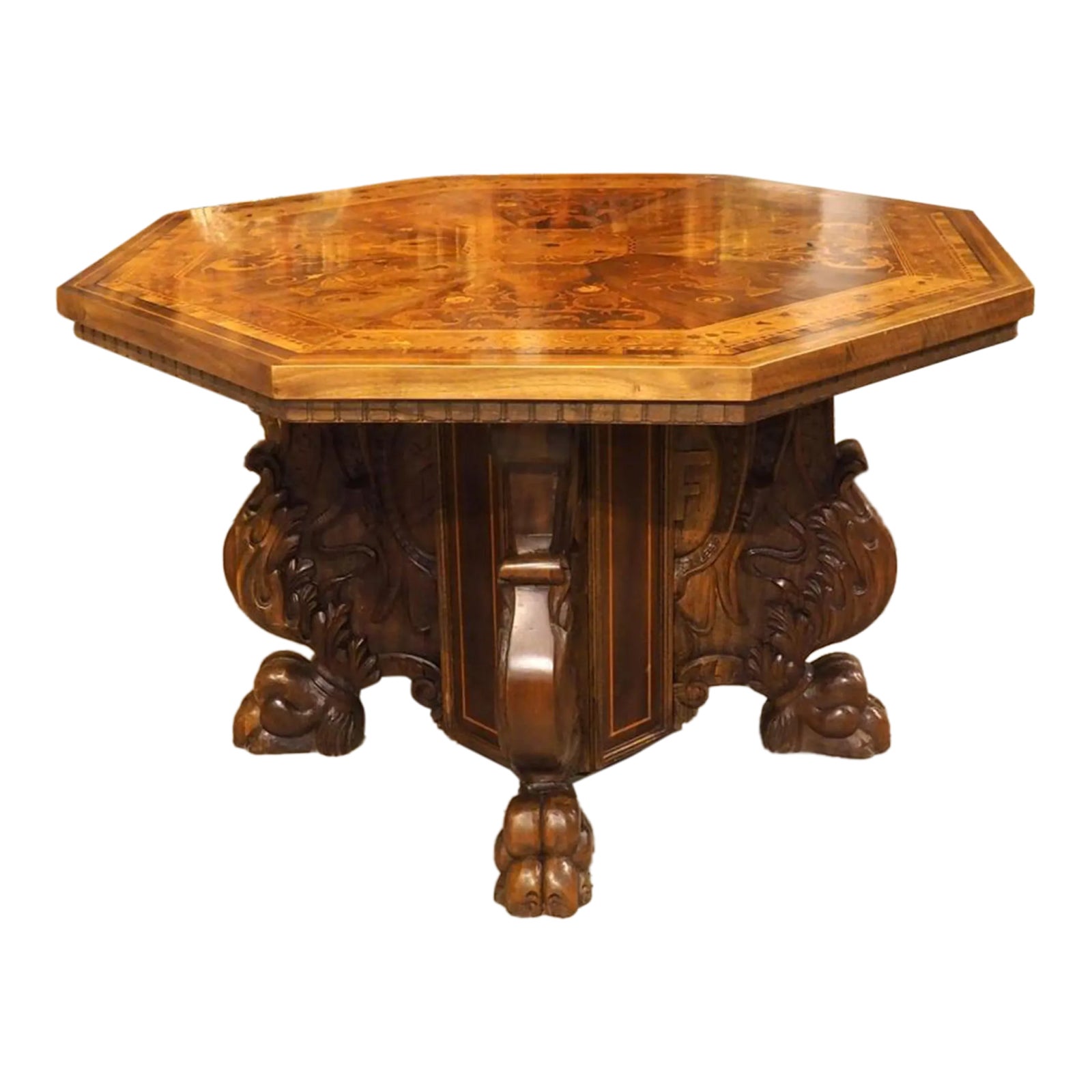 Circa 1880 Italian Walnut and Maple Renaissance Style Center Table ...