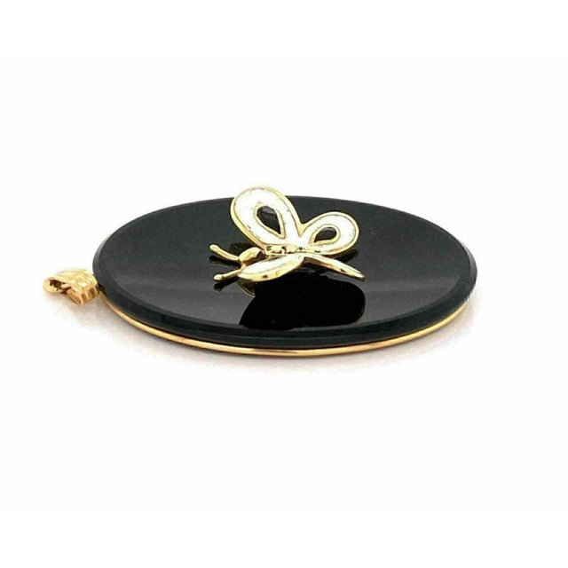 Onyx Enamel 14k Yellow Gold Butterfly Oval Charm Pendant For Sale - Image 4 of 5