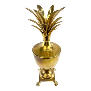 Vintage Hollywood Regency Solid Brass Pineapple Lidded Vessel on Paw Feet For Sale