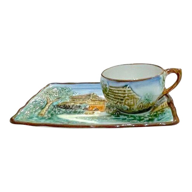 Vintage Majolica Biscuit & Tea Serving Tray For Sale