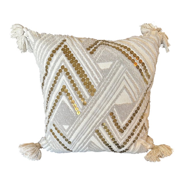 Textured Cotton and Brass Art Deco Pillow With Tassels For Sale