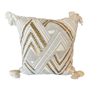 Textured Cotton and Brass Art Deco Pillow With Tassels