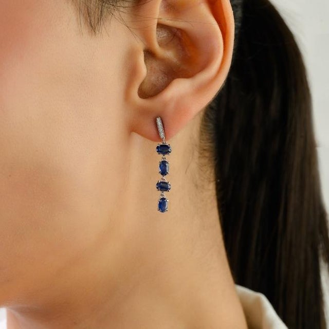 Metal Vintage-Inspired Natural Blue Sapphire & Diamond Drop Earrings in 14k Gold- A Pair For Sale - Image 7 of 12