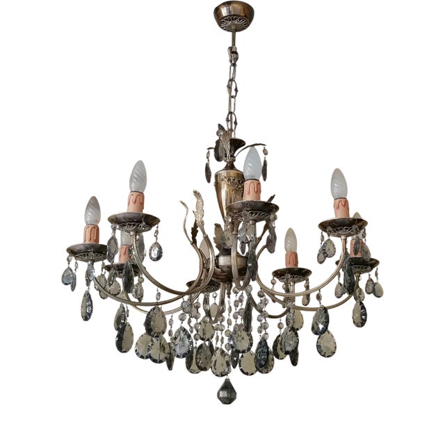 Eight-Light Chandelier with Smoked Crystal Drop Pendants, 1950s For Sale