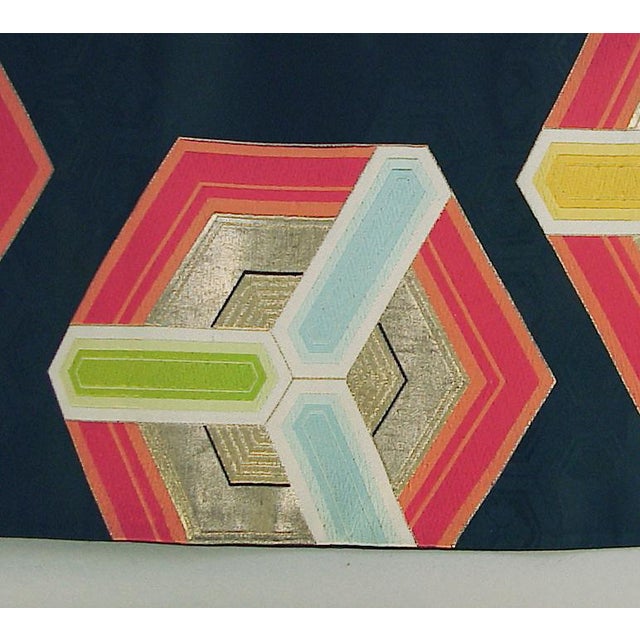 Viintage Silk Japanese Obi, Wildly Colorful Hexagons on Black For Sale - Image 4 of 6