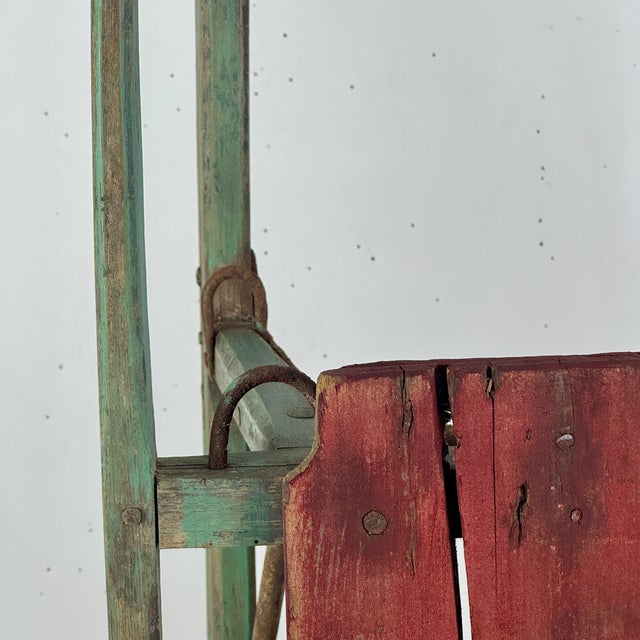 Rare & Marvelous 19th Century Primitive Hand Hewed & Forged Wood & Iron Sled, in Green & Red For Sale - Image 9 of 16