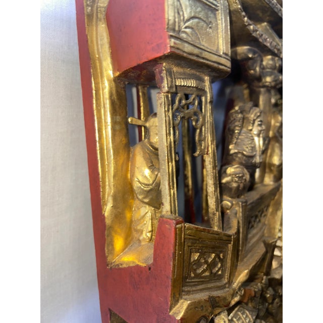 Mid 19th Century Antique Chinese Carved Deep Relief Gilt Wood Warriors Scenes Panel For Sale - Image 5 of 12