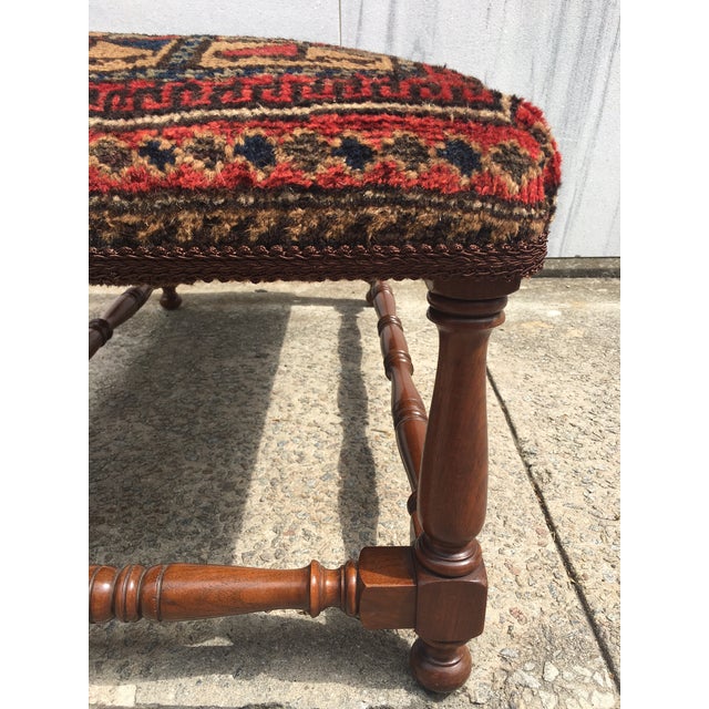 Turned Leg Wooden Bench Covered With Antique Belochistan Oriental Prayer Rug For Sale - Image 13 of 13