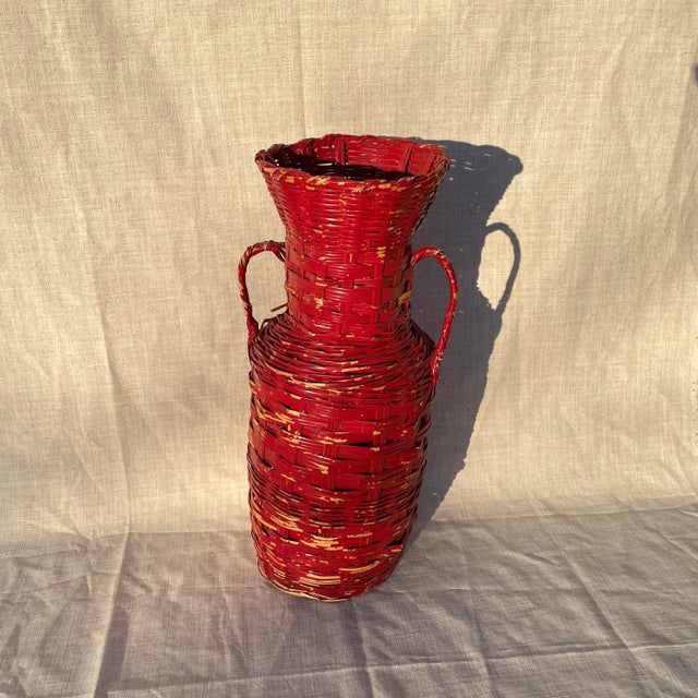 1960s Tall Rustic Amphora Red Wicker Basket With Handles For Sale - Image 5 of 5