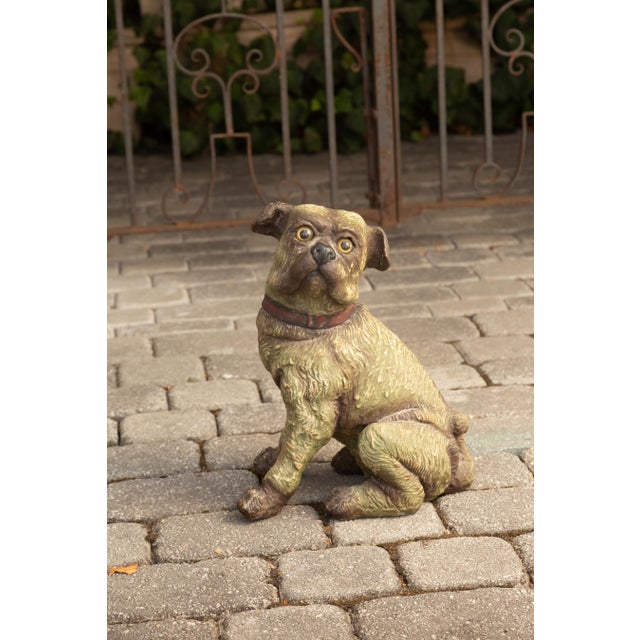 Mid 20th Century English Vintage Composition Sitting Dog Sculpture with Glass Eyes and Red Collar For Sale - Image 5 of 8