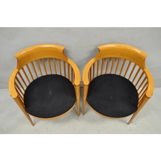 Yellow Vintage Postmodern Maple Wood Spindle Barrel Back Lounge Arm Chairs - A Pair For Sale - Image 8 of 15