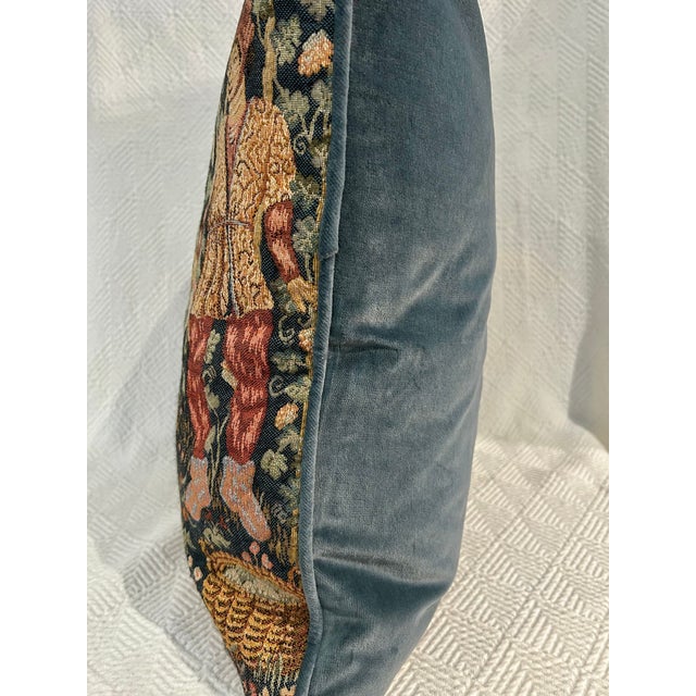 Vintage English Medieval Millefleurs Tapestry 19.5”Pillow “Courtly Garden Scene” Made in England - With Down Insert For Sale - Image 10 of 10