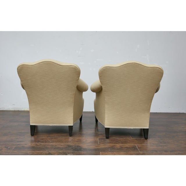 Pair of Vintage French Lounge Chairs with Camelbacks, Rolled Arms, Ebonized Legs For Sale - Image 10 of 12
