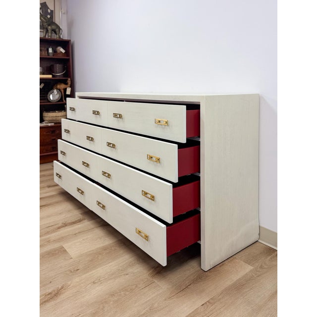 Wood Coastal Mitchell Gold Bob Williams White Dresser, Brass Handles, 8 Drawer For Sale - Image 7 of 13