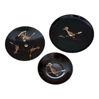 Classic Vintage Mid-Century Modern Couroc of Monterey, California ‘Southwest Inspired Roadrunner Trio’ Hand Inlaid in Wood, Brass, & Silver- A Set For Sale