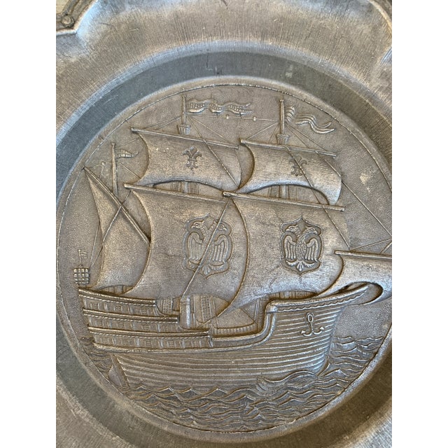 Mid-Century German Pewter Sailing Ship Wall Plate With Heraldic Eagles For Sale - Image 4 of 8
