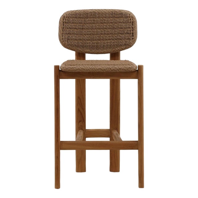 Modern Brown Faux Wicker & Teak Outdoor Counter Stool For Sale
