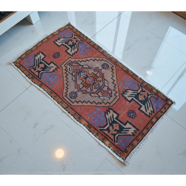Rustic Hand Knotted Small Rug Faded Colors Mat Entry Decor Turkish Rug - 1'7'' X 3' For Sale - Image 3 of 6