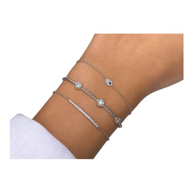 Curated Diamond Bracelet Stack – Rhodium Plated Sterling Silver Pavé Diamond Hamsa, Diamond Bar & Three-Station Bracelet Set - Brand New, Never Worn For Sale