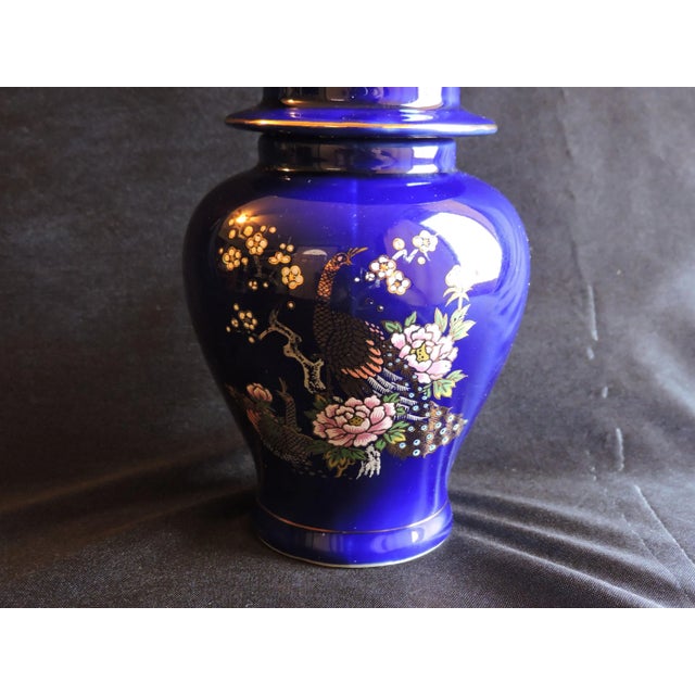 Asian Antique Circa 1970's Kutani Ware Cobalt Blue Peacock Ginger Jar Hand Painted Made in Japan For Sale - Image 3 of 8