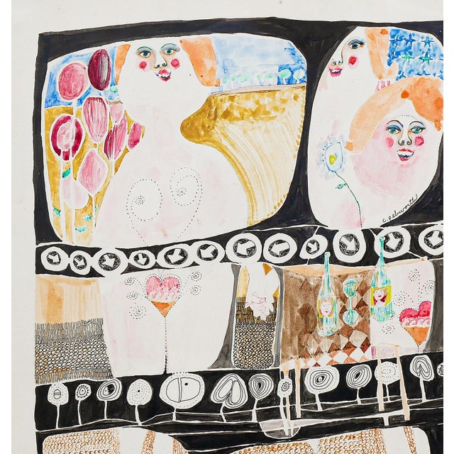 Charles Pebworth "Female Nudes" Pink, Blue, Yellow, and Black Abstract Modern Figurative Drawing, 20th Century For Sale - Image 12 of 12