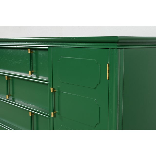 Thomasville Hollywood Regency Chinoiserie Green Lacquered Long Dresser or Credenza, Newly Refinished For Sale - Image 9 of 14