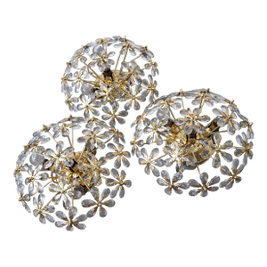 1970s Hollywood Regency 24k Gold Plate With Cut Crystal Floral Form Plafonnier/ Ceiling Flush Mount Fixtures by Christoph Palme/ Palwa Set of 3