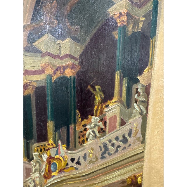 French painting of a theater in Nancy, France. Oil on board in original gilt frame. 14”l x 31”h 45-279