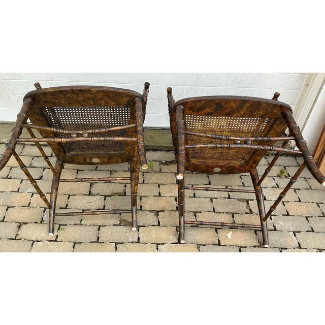 Pair of Regency Style Faux-Bamboo Faux-Painted Caned Seat Arm Chairs by Baker Furniture. For Sale - Image 11 of 12